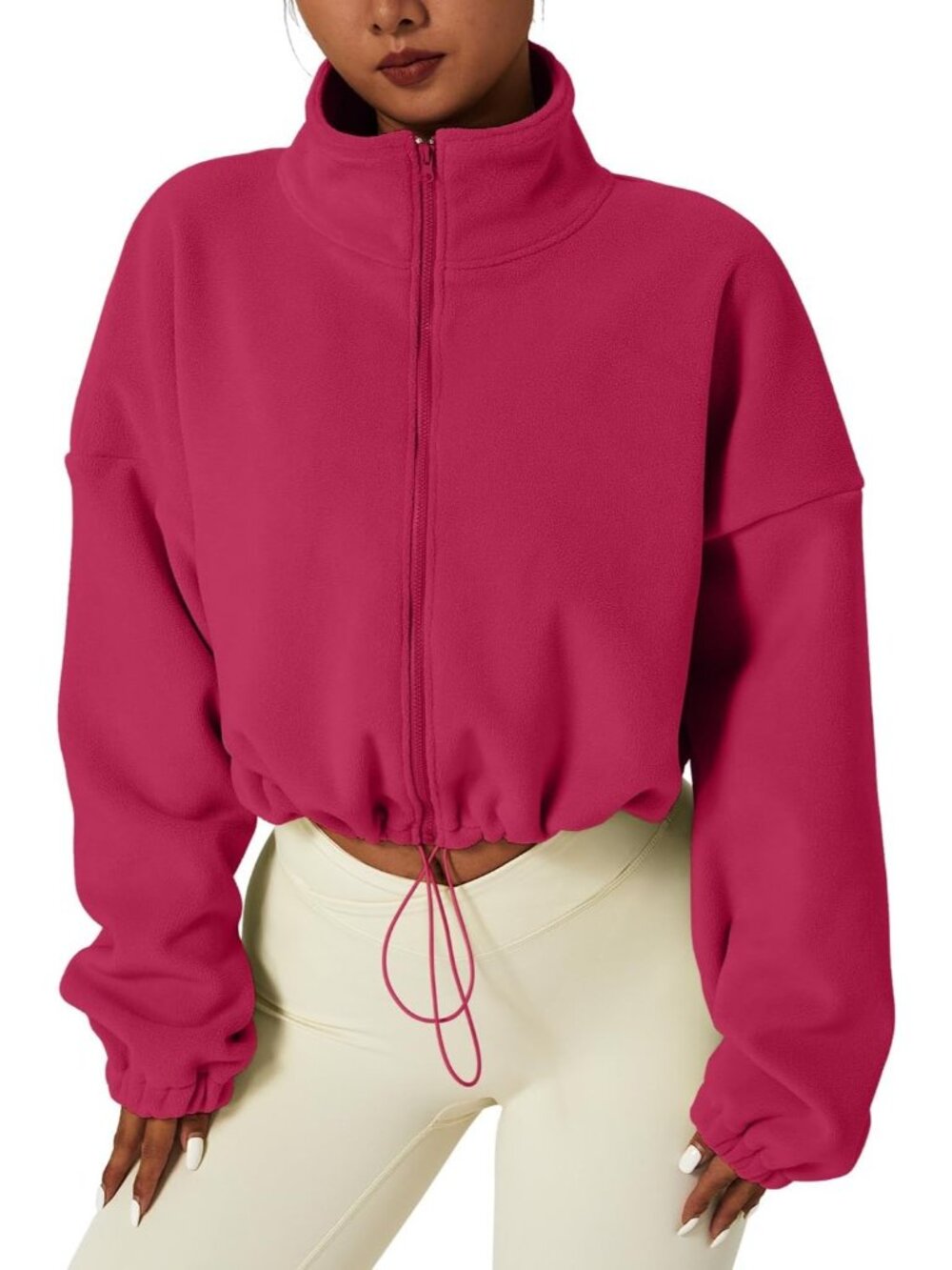 Women's Pink Fleece Full ZIP Stand Collar Baggy Cropped Short Sherpa Jacket